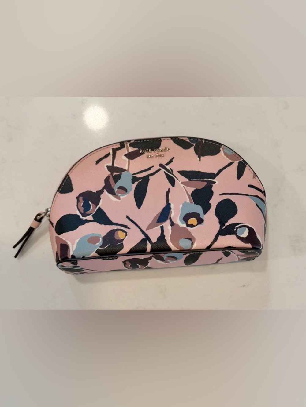 kate spade Pink Floral Dome Cosmetic Pouch with Navy & Light Blue Accents